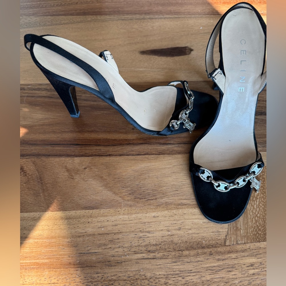 Celine Black Heeled Sandals with Silver Chain - Picture 2 of 6